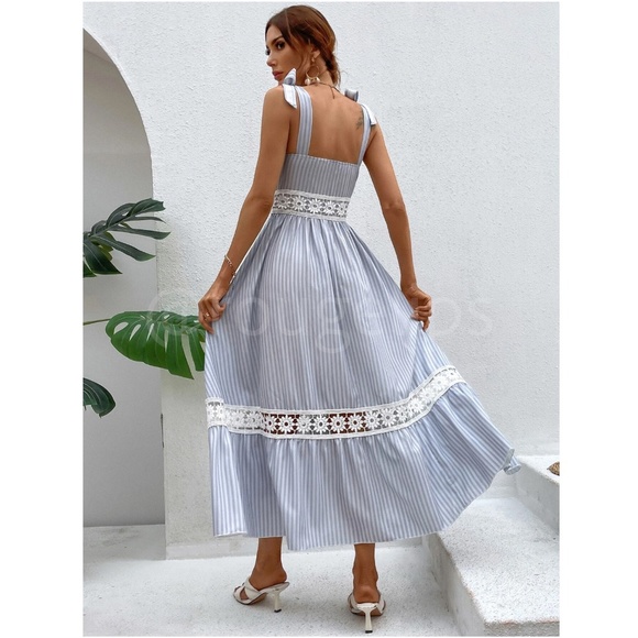 White Crochet Trim Striped Blue Maxi Dress Tie Straps Square Neck Flowy Flared - Picture 2 of 8
